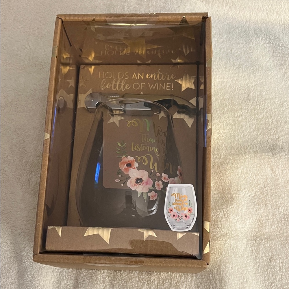 Floral Wine Glass with Corkscrew Set